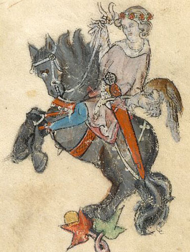 A mounted man with hawk and sword, French 1300's.